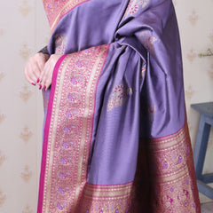 Soft Silk Banarasi Saree with Peacock Butta Meenakari Motifs & Blouse Piece