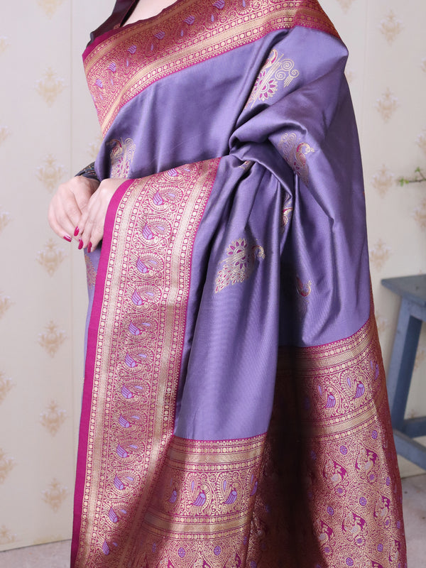 Soft Silk Banarasi Saree with Peacock Butta Meenakari Motifs & Blouse Piece