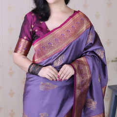 Soft Silk Banarasi Saree with Peacock Butta Meenakari Motifs & Blouse Piece