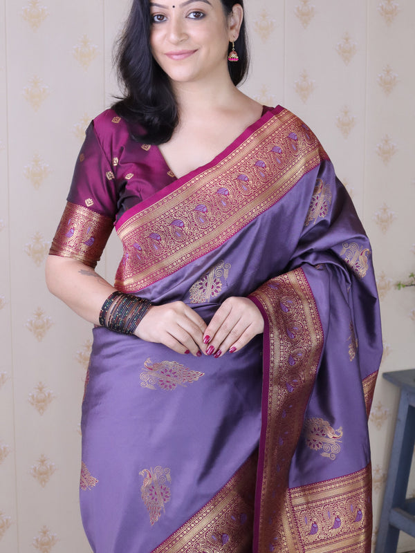 Soft Silk Banarasi Saree with Peacock Butta Meenakari Motifs & Blouse Piece