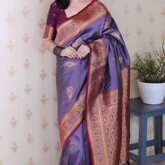 Soft Silk Banarasi Saree with Peacock Butta Meenakari Motifs & Blouse Piece