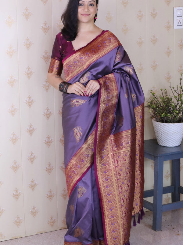 Soft Silk Banarasi Saree with Peacock Butta Meenakari Motifs & Blouse Piece