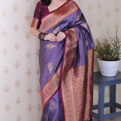 Soft Silk Banarasi Saree with Peacock Butta Meenakari Motifs & Blouse Piece