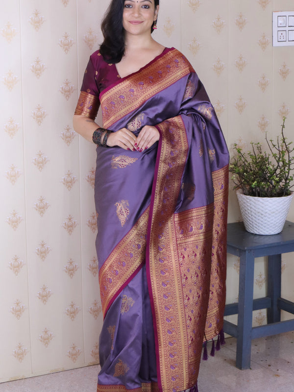Soft Silk Banarasi Saree with Peacock Butta Meenakari Motifs & Blouse Piece