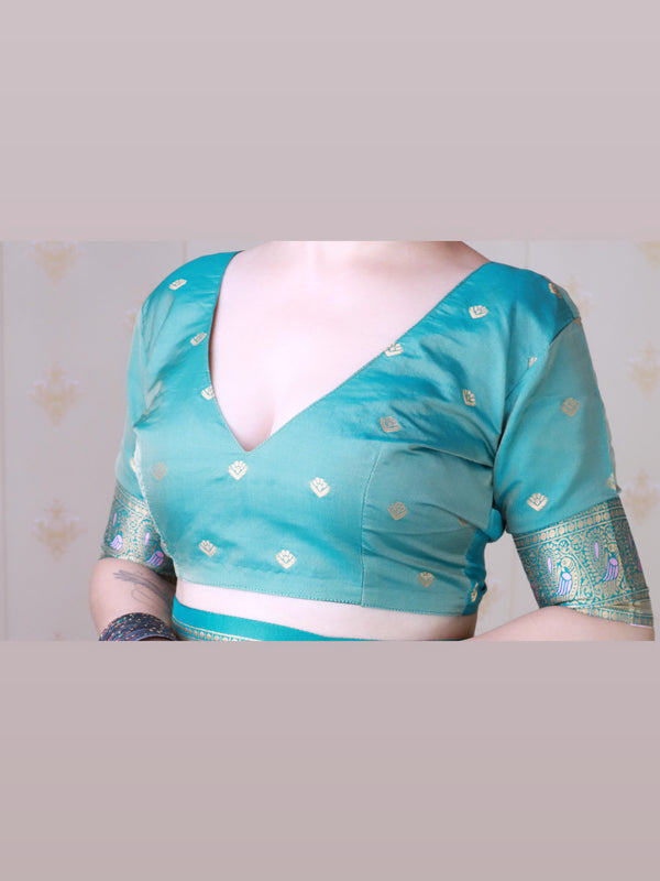 Soft Silk Banarasi Saree with Peacock Butta Meenakari Motifs & Blouse Piece