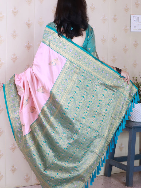 Soft Silk Banarasi Saree with Peacock Butta Meenakari Motifs & Blouse Piece