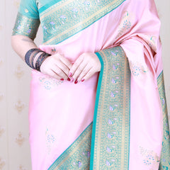 Soft Silk Banarasi Saree with Peacock Butta Meenakari Motifs & Blouse Piece