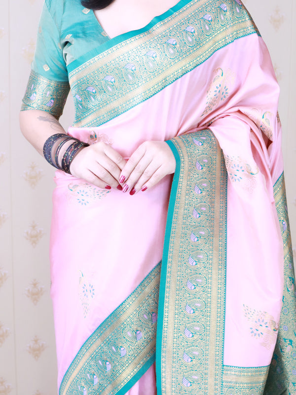 Soft Silk Banarasi Saree with Peacock Butta Meenakari Motifs & Blouse Piece