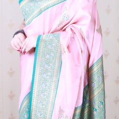 Soft Silk Banarasi Saree with Peacock Butta Meenakari Motifs & Blouse Piece