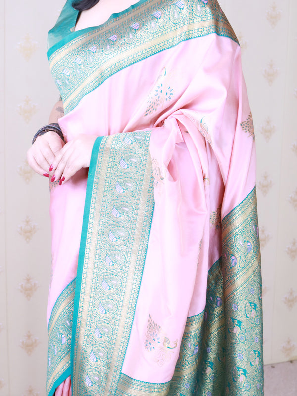Soft Silk Banarasi Saree with Peacock Butta Meenakari Motifs & Blouse Piece