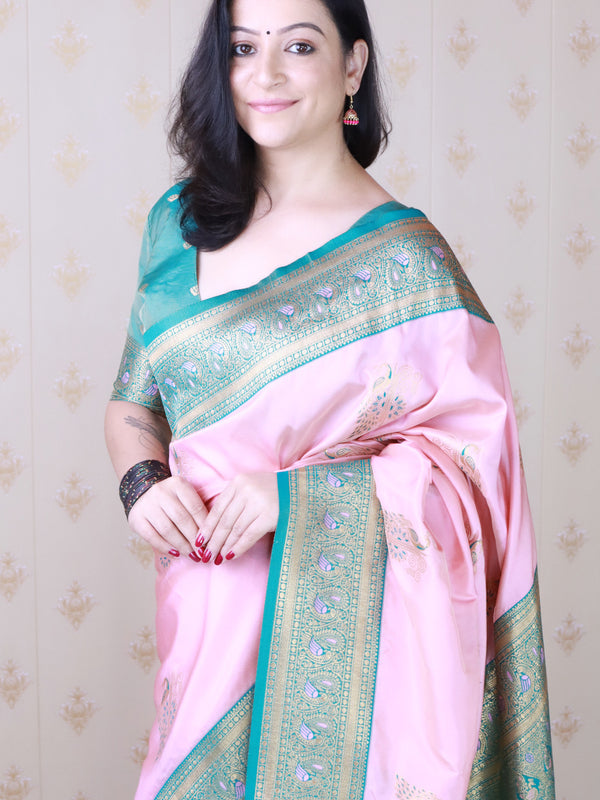 Soft Silk Banarasi Saree with Peacock Butta Meenakari Motifs & Blouse Piece