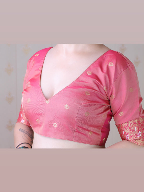 Soft Silk Banarasi Saree with Peacock Butta Meenakari Motifs & Blouse Piece