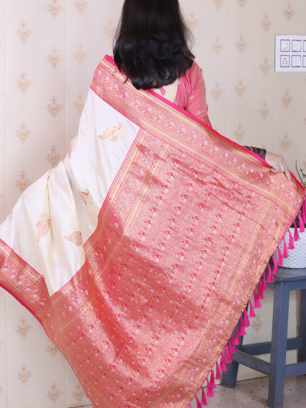 Soft Silk Banarasi Saree with Peacock Butta Meenakari Motifs & Blouse Piece