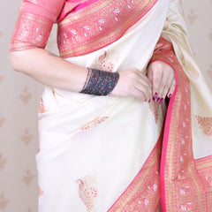 Soft Silk Banarasi Saree with Peacock Butta Meenakari Motifs & Blouse Piece