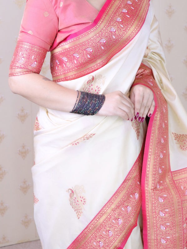 Soft Silk Banarasi Saree with Peacock Butta Meenakari Motifs & Blouse Piece