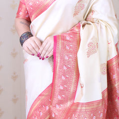 Soft Silk Banarasi Saree with Peacock Butta Meenakari Motifs & Blouse Piece