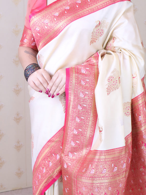 Soft Silk Banarasi Saree with Peacock Butta Meenakari Motifs & Blouse Piece
