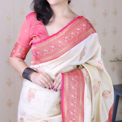 Soft Silk Banarasi Saree with Peacock Butta Meenakari Motifs & Blouse Piece