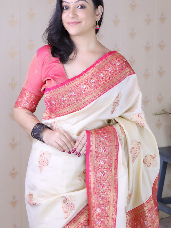 Soft Silk Banarasi Saree with Peacock Butta Meenakari Motifs & Blouse Piece
