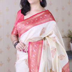 Soft Silk Banarasi Saree with Peacock Butta Meenakari Motifs & Blouse Piece