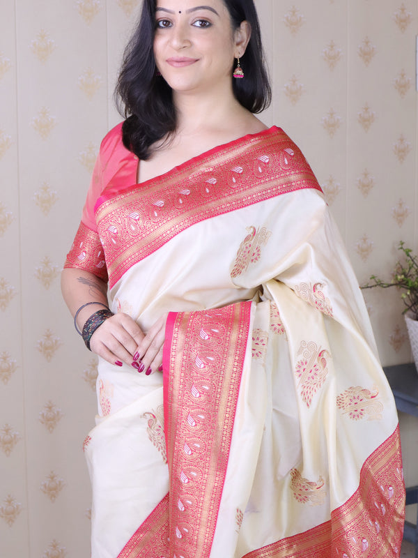 Soft Silk Banarasi Saree with Peacock Butta Meenakari Motifs & Blouse Piece