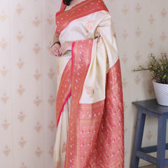 Soft Silk Banarasi Saree with Peacock Butta Meenakari Motifs & Blouse Piece