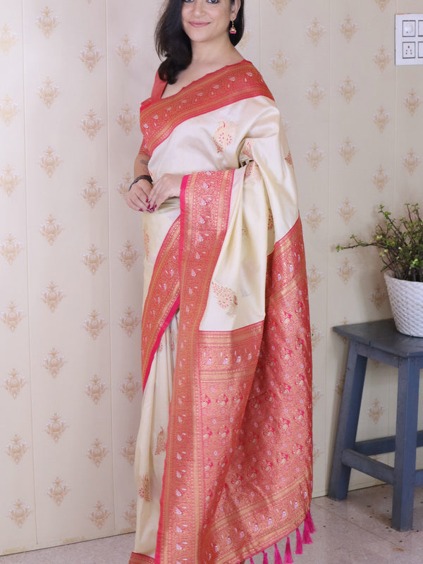 Soft Silk Banarasi Saree with Peacock Butta Meenakari Motifs & Blouse Piece