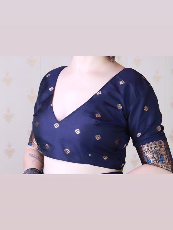 Soft Silk Banarasi Saree with Peacock Butta Meenakari Motifs & Blouse Piece