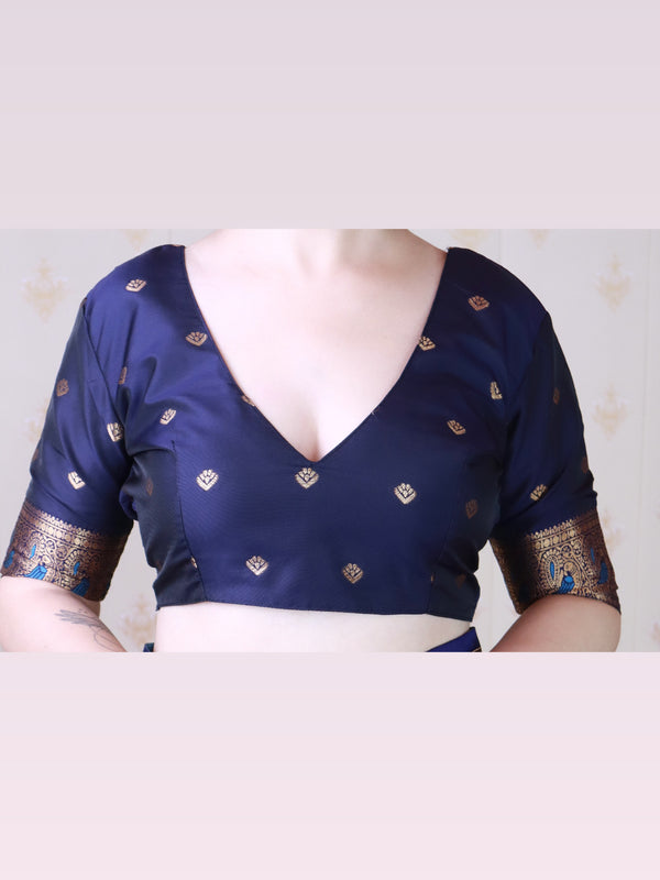Soft Silk Banarasi Saree with Peacock Butta Meenakari Motifs & Blouse Piece