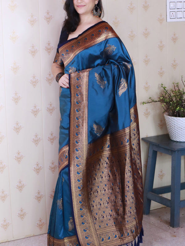 Soft Silk Banarasi Saree with Peacock Butta Meenakari Motifs & Blouse Piece