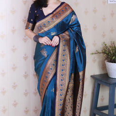 Soft Silk Banarasi Saree with Peacock Butta Meenakari Motifs & Blouse Piece