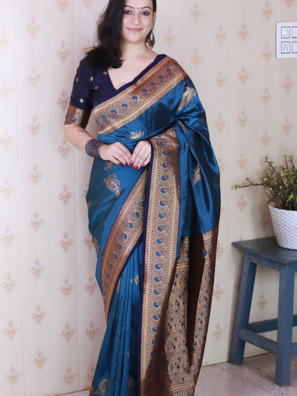 Soft Silk Banarasi Saree with Peacock Butta Meenakari Motifs & Blouse Piece