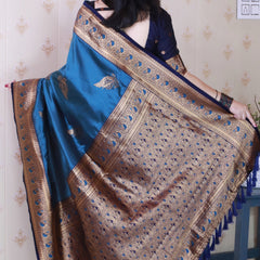 Soft Silk Banarasi Saree with Peacock Butta Meenakari Motifs & Blouse Piece