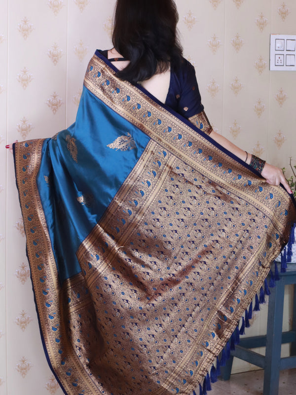 Soft Silk Banarasi Saree with Peacock Butta Meenakari Motifs & Blouse Piece