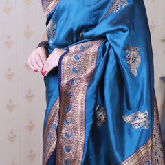 Soft Silk Banarasi Saree with Peacock Butta Meenakari Motifs & Blouse Piece