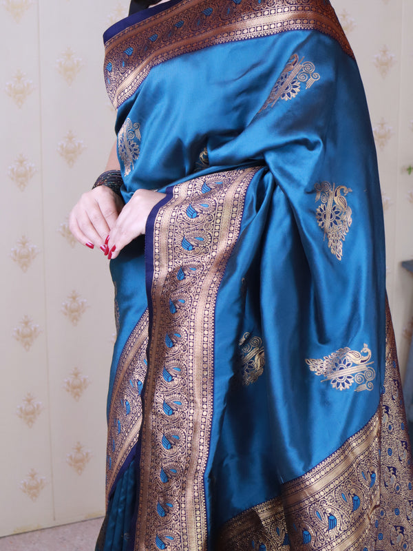 Soft Silk Banarasi Saree with Peacock Butta Meenakari Motifs & Blouse Piece