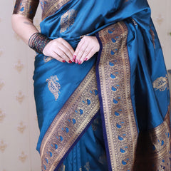 Soft Silk Banarasi Saree with Peacock Butta Meenakari Motifs & Blouse Piece