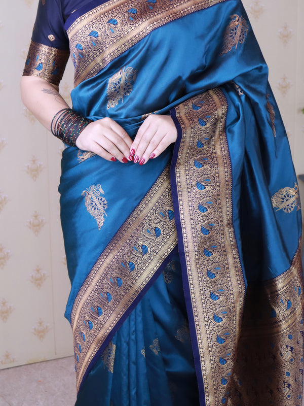 Soft Silk Banarasi Saree with Peacock Butta Meenakari Motifs & Blouse Piece