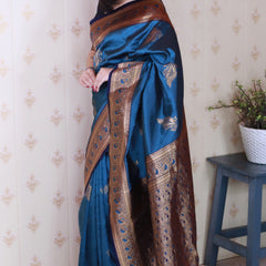 Soft Silk Banarasi Saree with Peacock Butta Meenakari Motifs & Blouse Piece