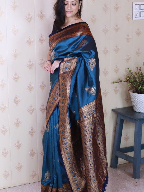 Soft Silk Banarasi Saree with Peacock Butta Meenakari Motifs & Blouse Piece