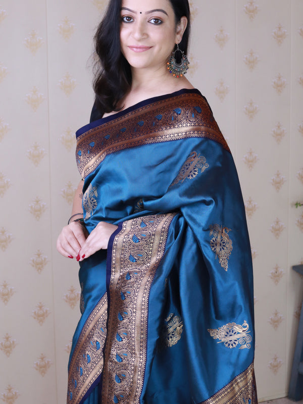 Soft Silk Banarasi Saree with Peacock Butta Meenakari Motifs & Blouse Piece