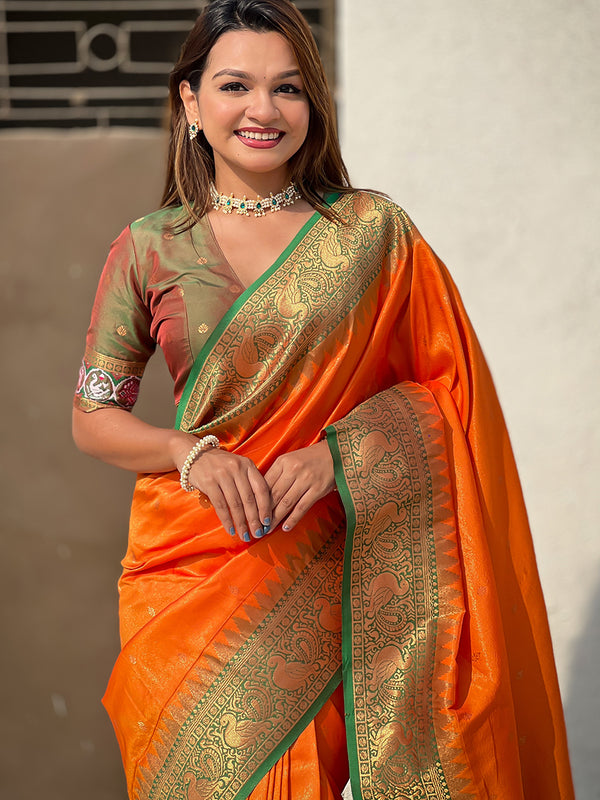Pure Tissue Kanjivaram Zari Woven Saree With Blouse Piece