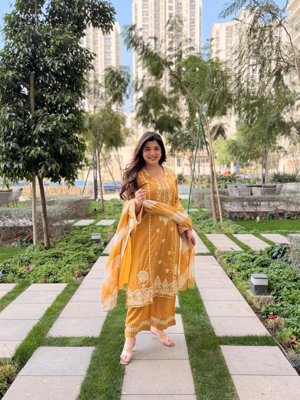 Roman Silk Embroidered Kurta Set with Cota Checks Dupatta