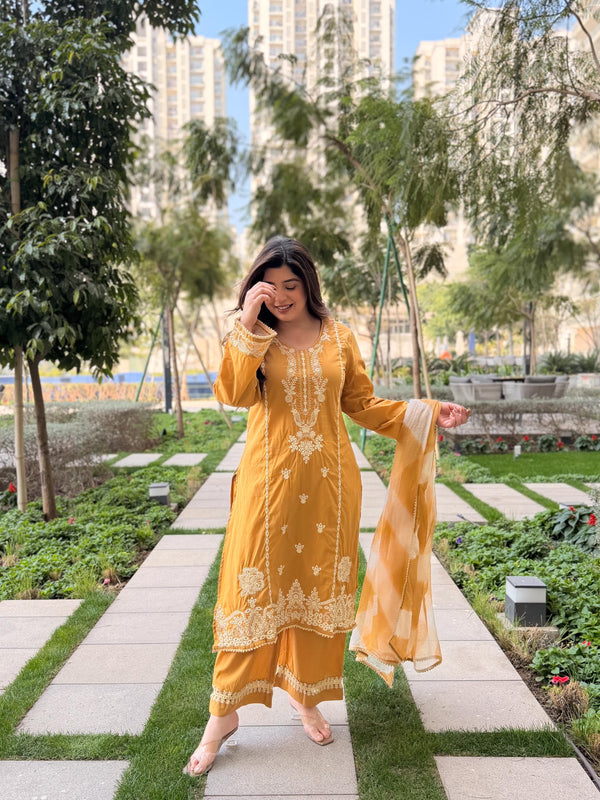 Roman Silk Embroidered Kurta Set with Cota Checks Dupatta