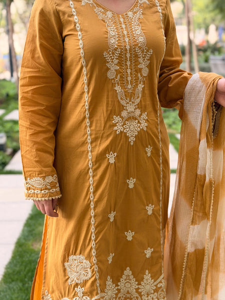 Roman Silk Embroidered Kurta Set with Cota Checks Dupatta