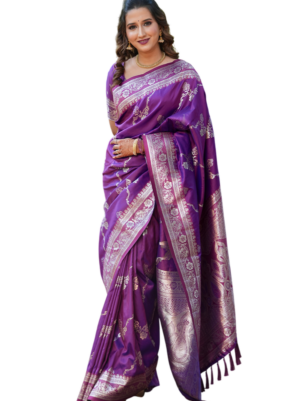 Woven Design Banarasi Silk Blend Saree With Blouse Piece