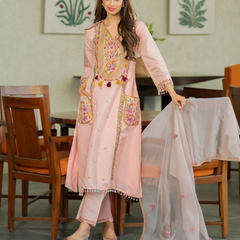 Women’s P.V. Chanderi Embroidered Kurti With Stitched Bottom & Dupatta Set