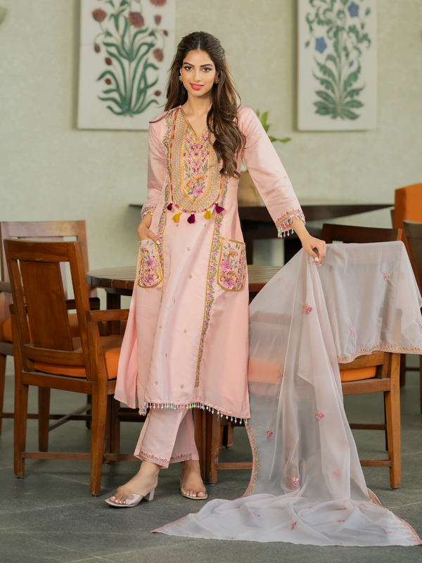 Women’s P.V. Chanderi Embroidered Kurti With Stitched Bottom & Dupatta Set
