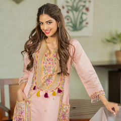 Women’s P.V. Chanderi Embroidered Kurti With Stitched Bottom & Dupatta Set