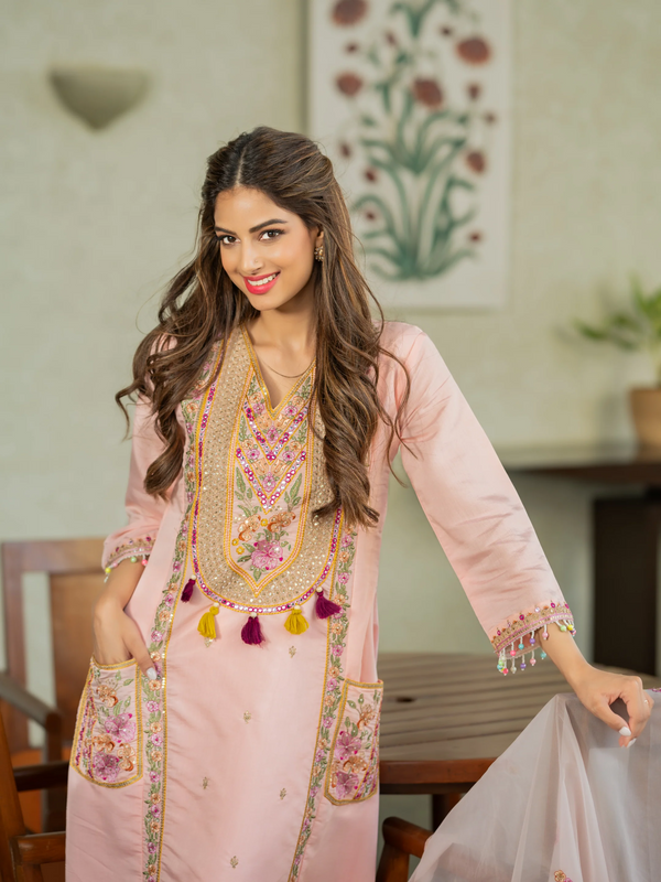 Women’s P.V. Chanderi Embroidered Kurti With Stitched Bottom & Dupatta Set